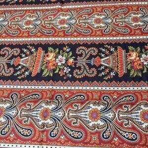 Vintage Floral Paisley Cotton Fabric 19x22"- Navy & Rust Border Print with Ornat